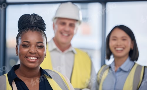 Preview: Engineering, diversity and portrait of a industrial team working on a construction project. Collabo