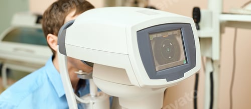 Preview: ophthalmologist doctor in exam optician laboratory with male patient. Men eye