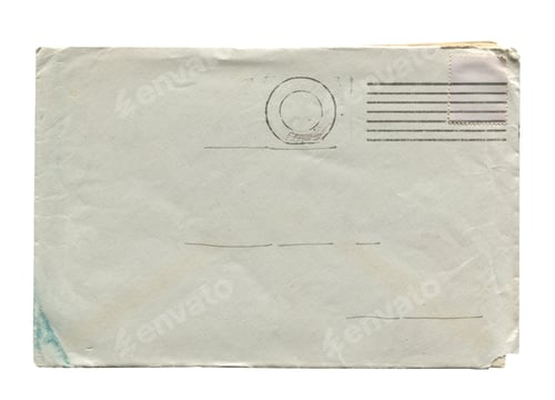 Preview: front view of old closed aged paper envelope with wrinkles and torn edges isolated on white
