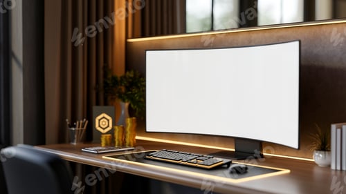 Preview: Blank screen computer and gold coins aside business award plate on wooden table with backlighting.