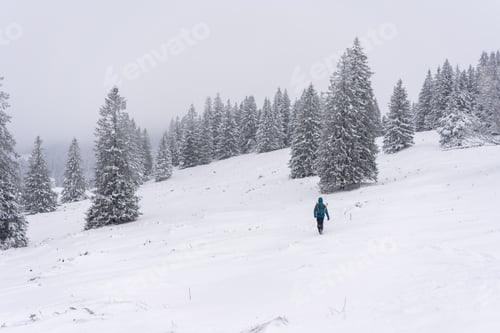 Vorschau: Mann läuft in der schneebedeckten Winterlandschaft auf Bergen