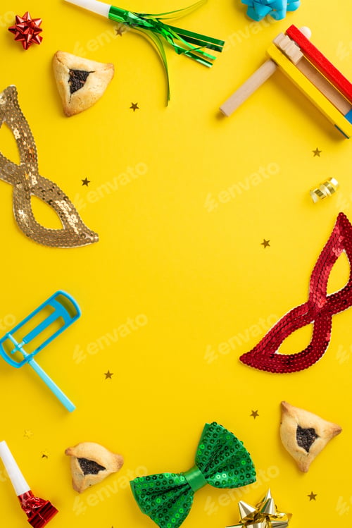 Preview: Joyous Purim festivity theme. Top view vertical shot showcasing hamantaschen pastry, ribbon stars