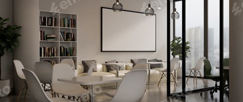 Preview: Relax conner in modern office interior with city scape, 3D rendering