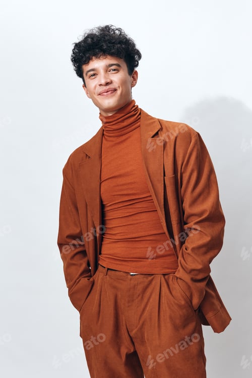 Preview: Man modern lifestyle student trendy beige curly clothes portrait shirt fashion