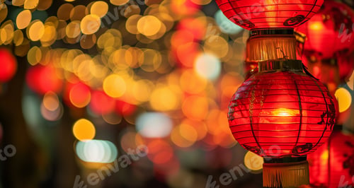 Preview: Happy chinese new year with traditional red lantern hanging for celebration, street night background