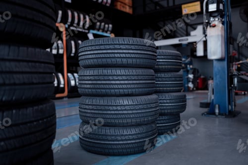 Preview: New wheels tire storage rack in the car service warehouse shop prepared for new change costumer cars