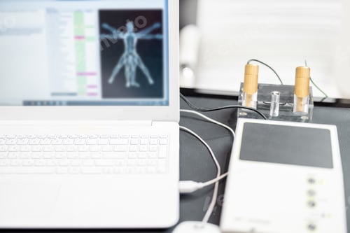 Preview: Bioenergetic testing device with brass handpieces in medical clinic