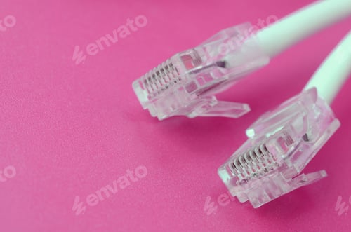 Preview: White cord with connector rj45 on a bright pink background. network ethernet plugs