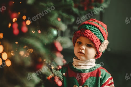 Preview: Little child under Christmas tree. baby boy in Santa Claus hat with gifts under Christmas tree with