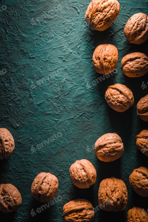 Preview: Group of walnuts on a turquoise background on the right