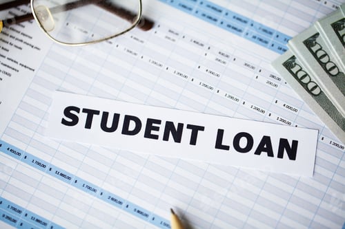 Preview: Credit concept. Student loan written on white card.
