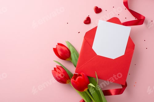 Preview: Perfect scene for a love announcement, showing overhead view of an invitation in an envelope