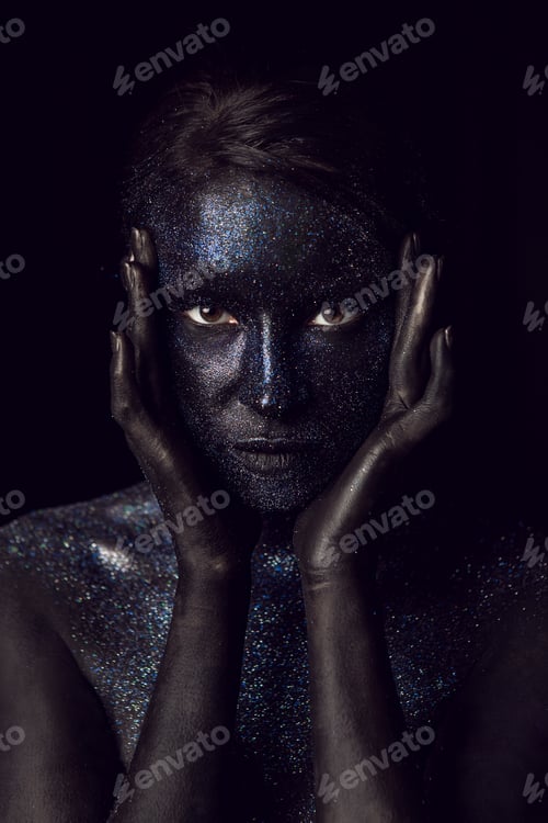 Preview: portrait, black, hand, fashionable, paint, face, woman, sequins, dark, open eyes