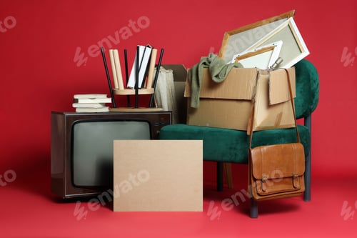 Preview: Garage sale. Different used stuff with blank card on red background