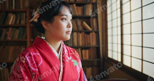 Preview: Japanese, woman and kimono with relax for tradition, tea ceremony and thinking in Chashitsu by wind