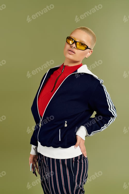 Preview: A young bald woman in vibrant attire poses stylishly against an olive green backdrop