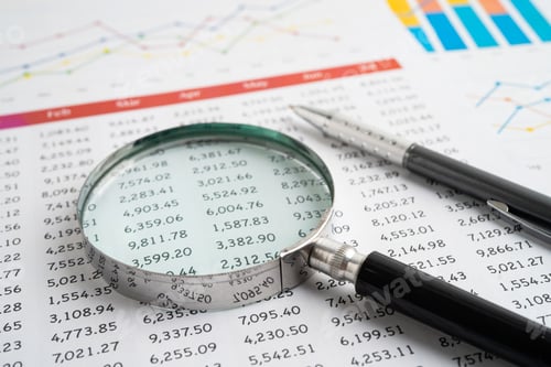 Preview: Magnifying glass on spreadsheet and graph paper. Financial data economy, Business.