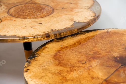 Preview: Closeup of two epoxy resin round tables white background