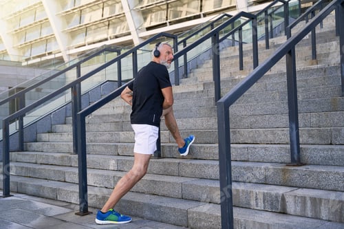 Preview: Active middle aged man in headphones looking away while warming up outdoors, getting ready for