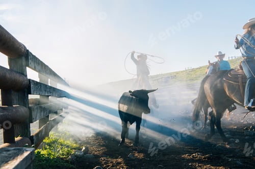 Preview: Cowboy on horse lassoing bull calf, Enterprise, Oregon, United States, North America