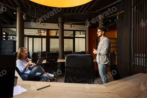 Preview: Side view of young serious caucasian businessman and businesswoman talking
