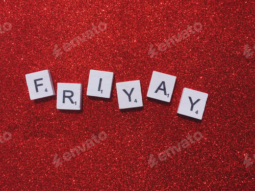 Preview: Friyay scrabble letters word on a shiny red background