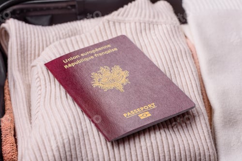 Preview: International passport of a French citizen on a suitcase