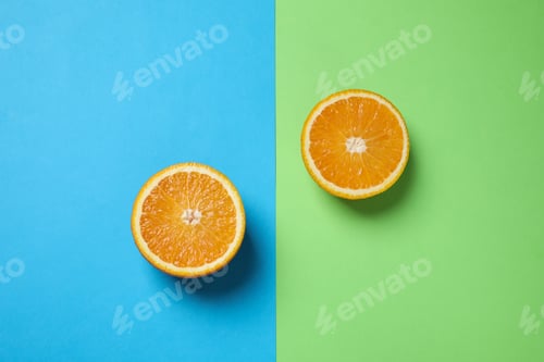 Preview: Fresh orange on color background, flat lay