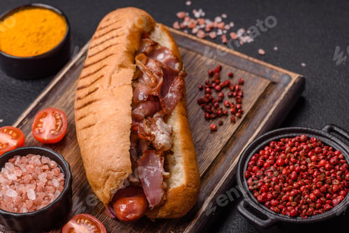 Preview: Delicious juicy hot dog with sausage, bacon, sauce, salt and spices