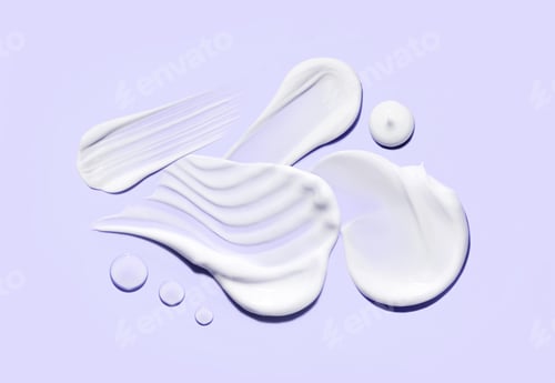Preview: cosmetic smears of creamy texture drops of tonic serum on pastel background