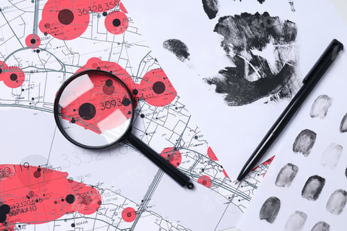 Preview: Books, magnifying glass with fingerprints on a white background