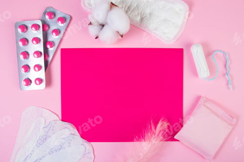 Preview: Set of feminine hygiene products for menstruation. Sanitary pads, tampons, pills on pink background.