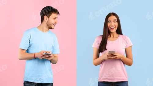 Preview: Surprised woman using mobile phone at studio, guy peeking
