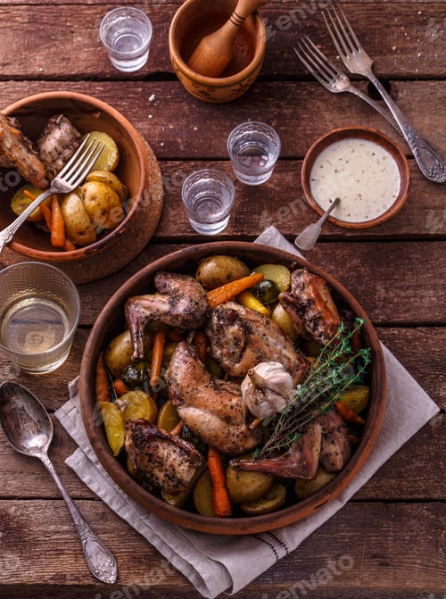 Preview: Rabbit with potatoes and carrots baked in a ceramic pot