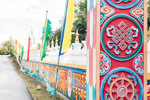Preview: Entrance of a Buddhist temple with the typical Tibetans.