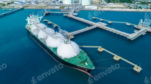 Preview: LNG (Liquified Natural Gas) tanker anchored in Gas terminal gas tanks for storage. Oil Crude Gas