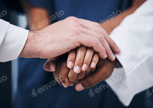 Preview: Support, solidarity and hands stacked of doctors for healthcare, communication and teamwork at a ho