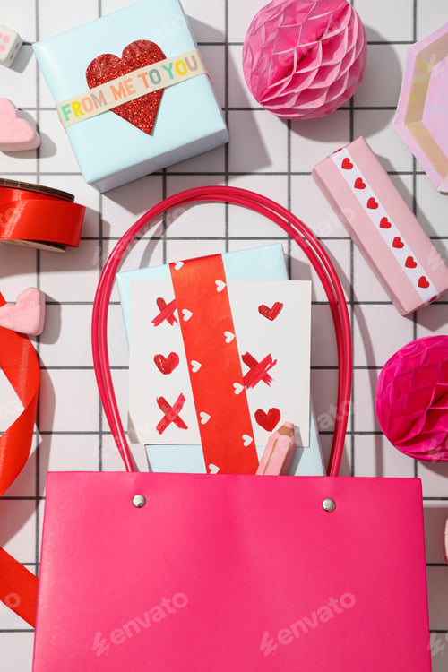 Preview: Gifts for Valentine's Day, on a light background, flat lay.