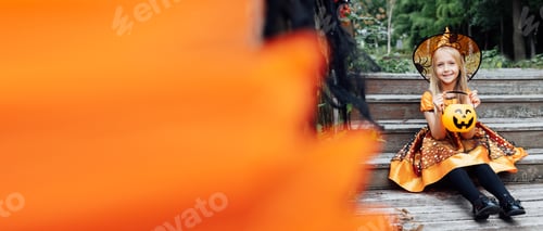 Preview: Lifestyle portrait of Happy Little caucasian Girl with blonde hair eight years old in black orange