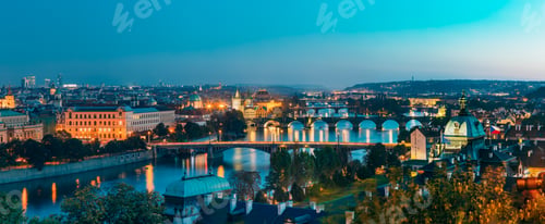 Preview: Prague, Czech Republic. Evening Panoramic View Of Evening Citysc