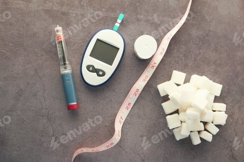 Preview: diabetic measurement tools, insulin and sugar cube on black background