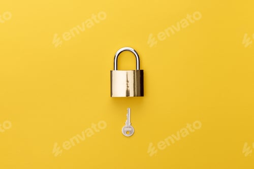 Preview: top view of padlock and key on yellow background