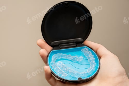 Preview: Teeth aligners in a storage case. Invisible braces. Clear teeth straighteners. Clear plastic braces