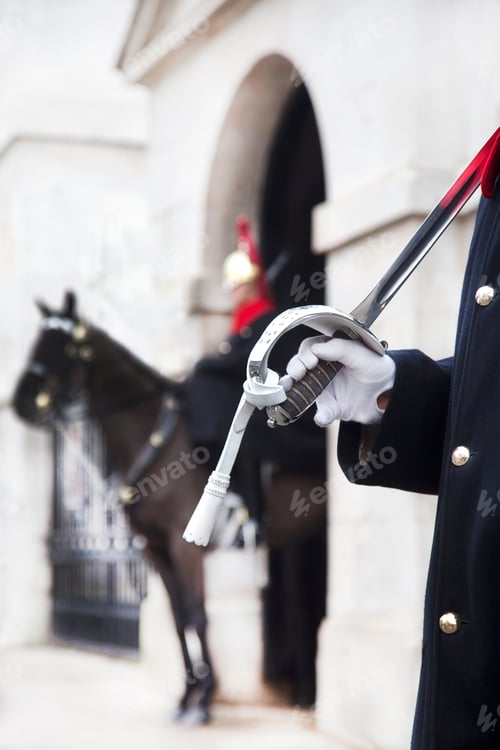Preview: Close up of trooper at Horse Guards carrying sword on his shoulder, Whitehall, London, England.