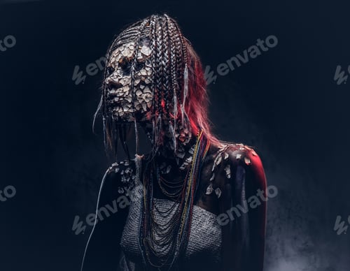 Preview: Close-up portrait of a witch from the indigenous African tribe, wearing traditional costume