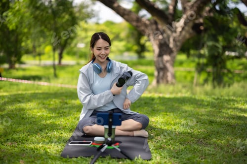 Preview: Female Social Media Influencer Demonstrates Massage Gun Usage in a Serene Park Setting