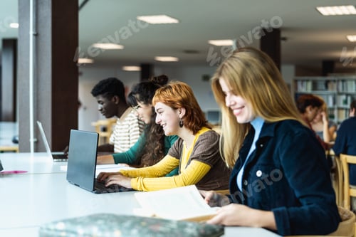 Preview: Young diverse people studying in library - School education concept