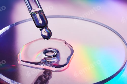 Preview: Pipette with sample of cosmetic product in petri dish on iridescent holographic background
