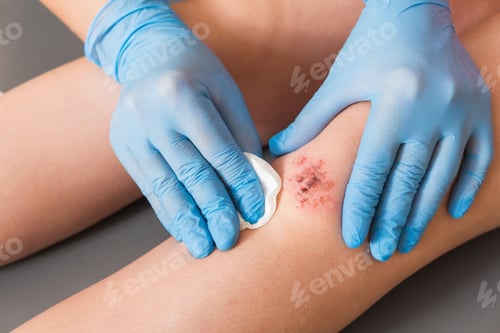 Preview: Injured leg wound knee with blood and doctor's hands in blue medical gloves treats a patient