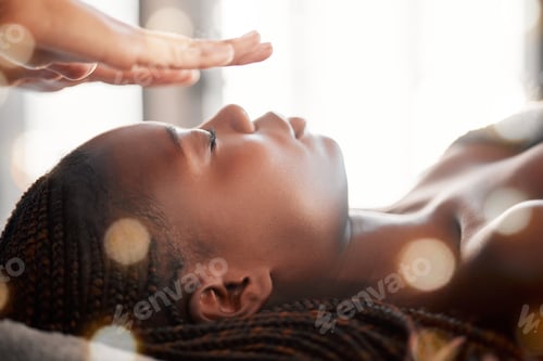 Preview: Black woman, relax and reiki spa treatment of a young female ready for facial. Skincare, beauty and